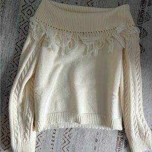 Off-Shoulder Cream Sweater with Fringe